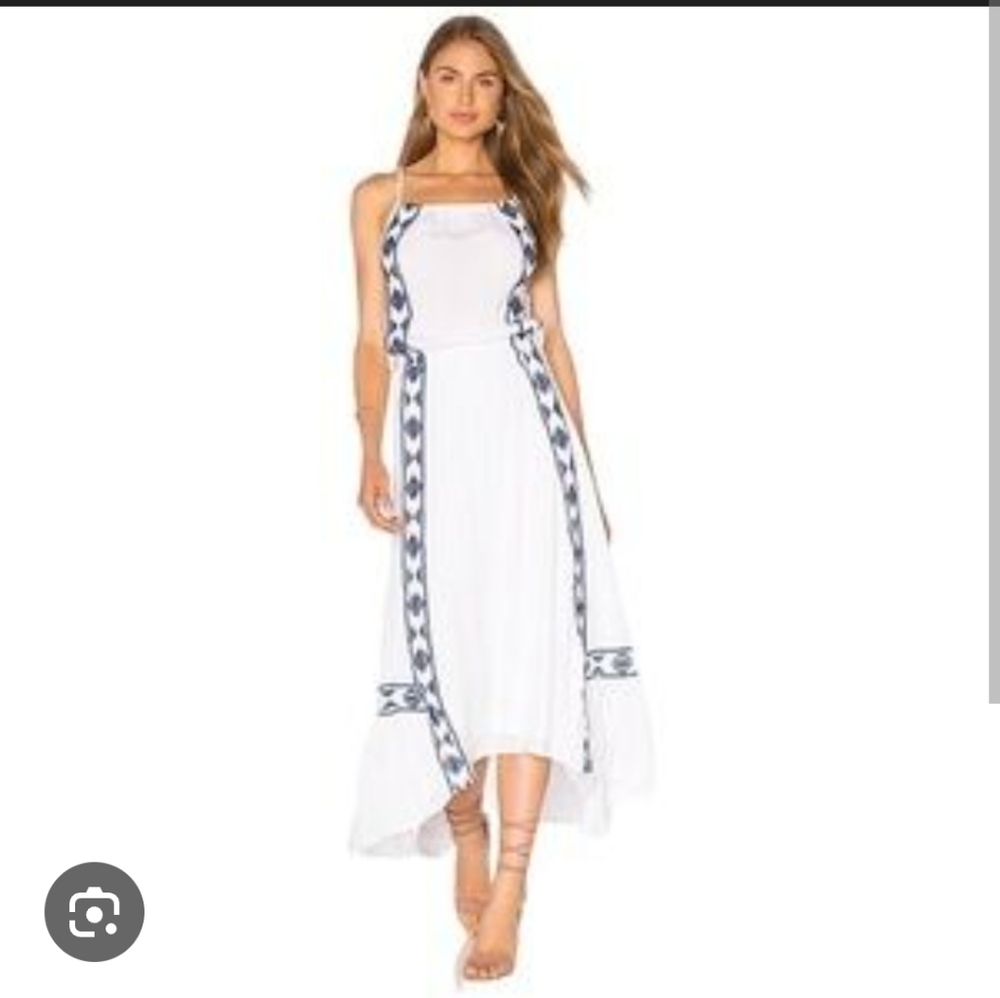 Ella Moss White Gauzy Maxi Dress With Blue And White Embroidery. Size M
